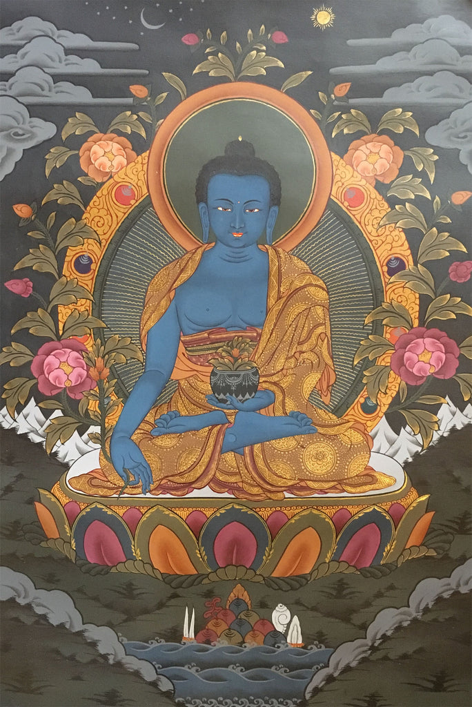 Healing Buddha Black Canvas Thangka Painting