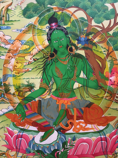 Majestic Green Tara Thangka with Amitabha Buddha and Bodhisattvas