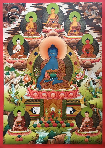 Majestic Thangka of Medicine Buddha with Pancha Buddha