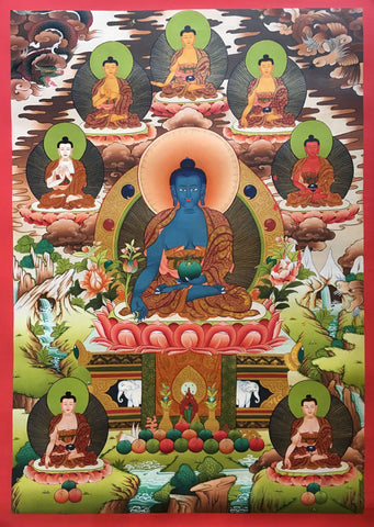 Majestic Thangka of Medicine Buddha with Pancha Buddha