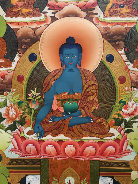 Majestic Thangka of Medicine Buddha with Pancha Buddha