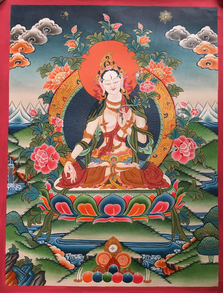 White Tara Thangka-Skillfully Painted Canvas