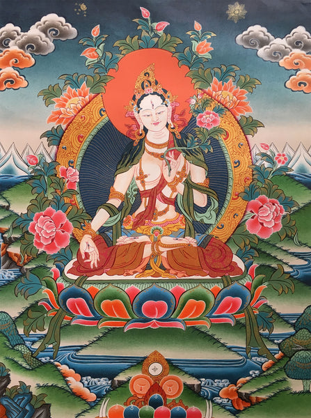 White Tara Thangka-Skillfully Painted Canvas