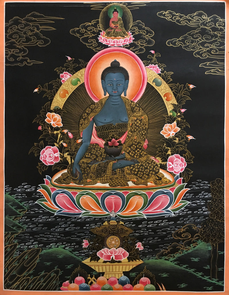 Medicine Buddha Black Canvas Thangka