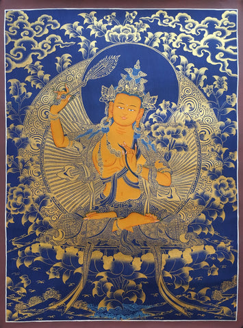 Golden Manjushri Thangka on  Dark Canvas