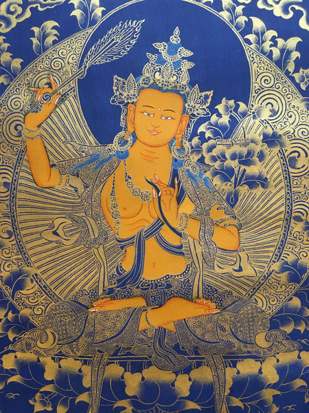 Golden Manjushri Thangka on  Dark Canvas
