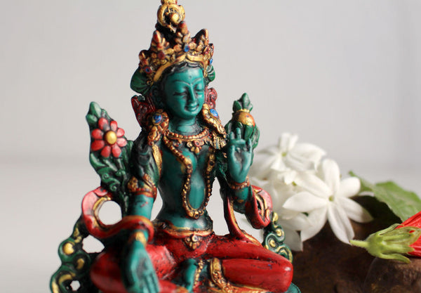 Turquoise and Coral Toned Resin Green Tara Statue