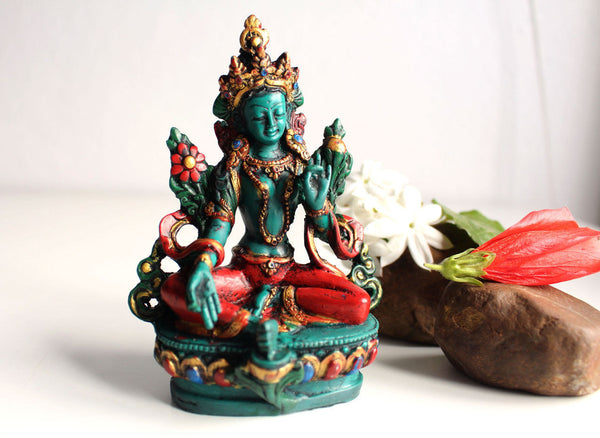 Turquoise and Coral Toned Resin Green Tara Statue