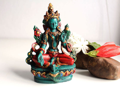Turquoise and Coral Toned Resin Green Tara Statue