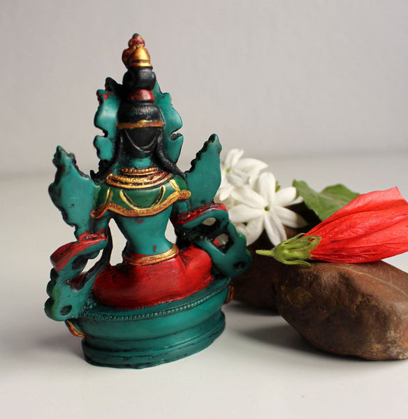 Turquoise and Coral Toned Resin Green Tara Statue