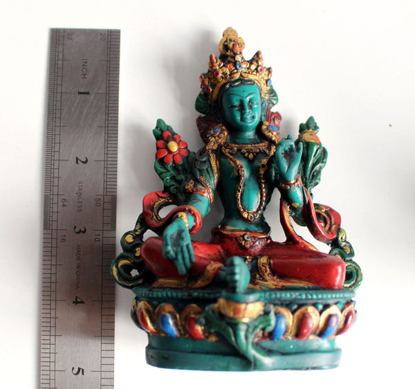 Turquoise and Coral Toned Resin Green Tara Statue