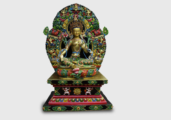 Magnificient Green Tara Gold Painted Statue on Wooden Throne 27.5"