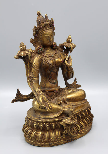 15" High Intricately Carved Majestic Statue of Green Tara