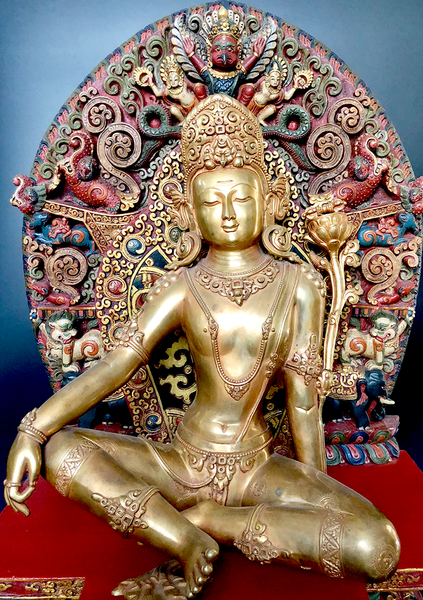 Masterpiece 24K Gold Gilded Copper Indra Dev Statue Seated on Wooden Throne 27.5"