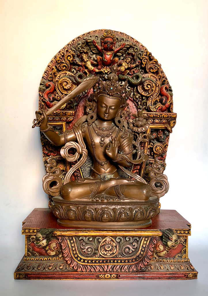 High Quality 16.5"High Manjushree Statue Seated on Wooden Throne