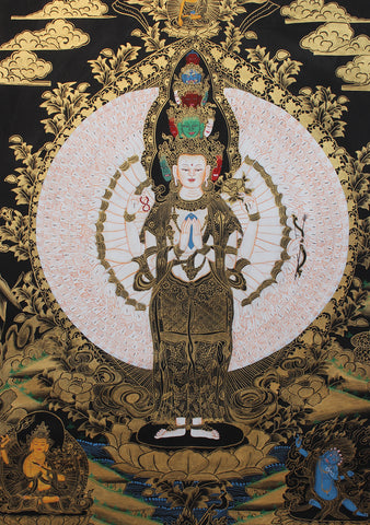 Black Gold Tonned Avalokeshvara Thangka Painting 29x21 CM