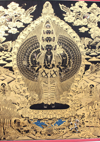 Tibetan Avalokiteshvara Gold Toned Thanka Paintings