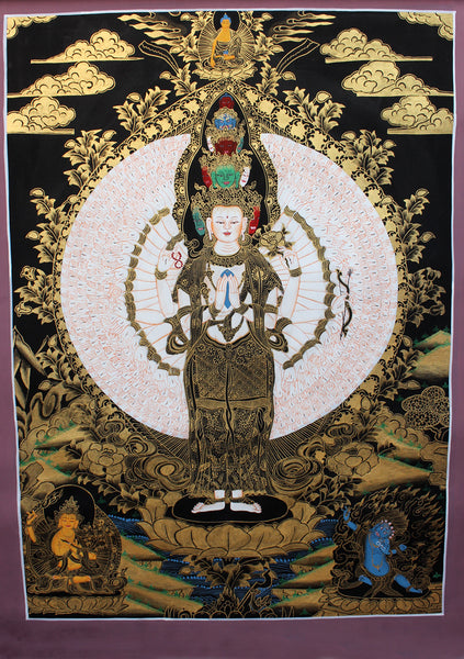 Black Gold Tonned Avalokeshvara Thangka Painting 29x21 CM