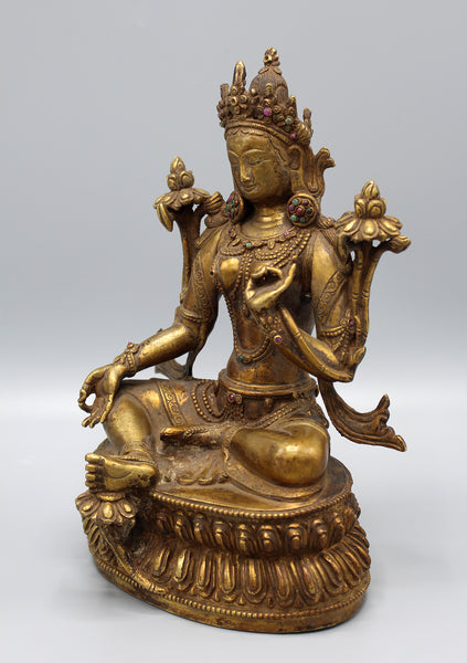 15" High Intricately Carved Majestic Statue of Green Tara